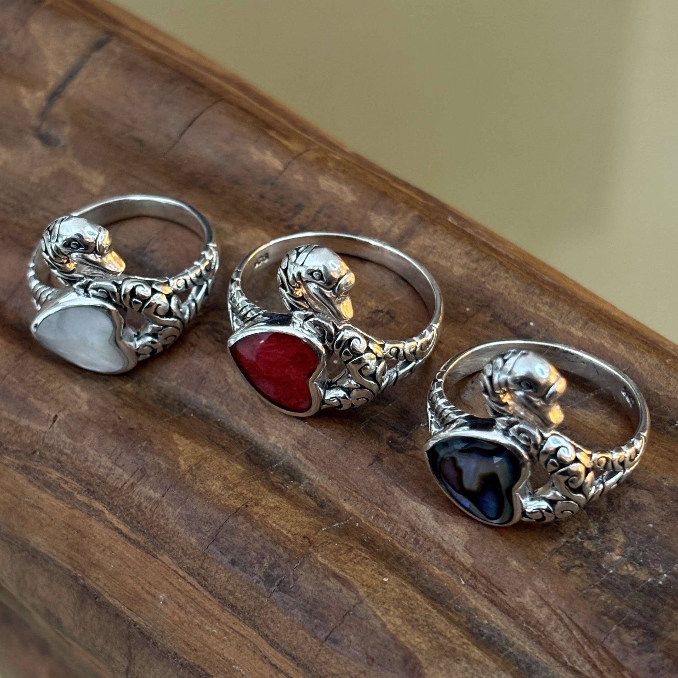 (HANDMADE 925 BALI STERLING SILVER FILIGREE RINGS WITH ABALONE)